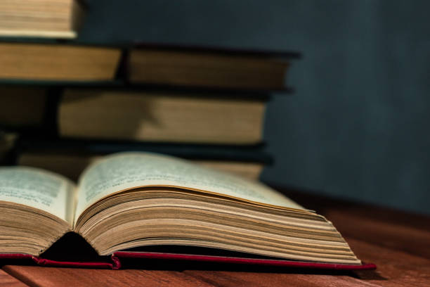 istock Old books on a wooden red table. Beautiful dark background. 1060429460