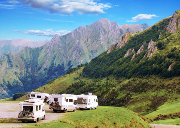 istock Motorhome stationed in the mountains. 1060445218