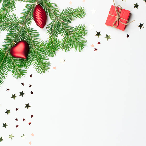 붉은 장식 및 giftbox 테두리, 복사 공간 크리스마스 트리 - 2808 뉴스 사진 이미지
