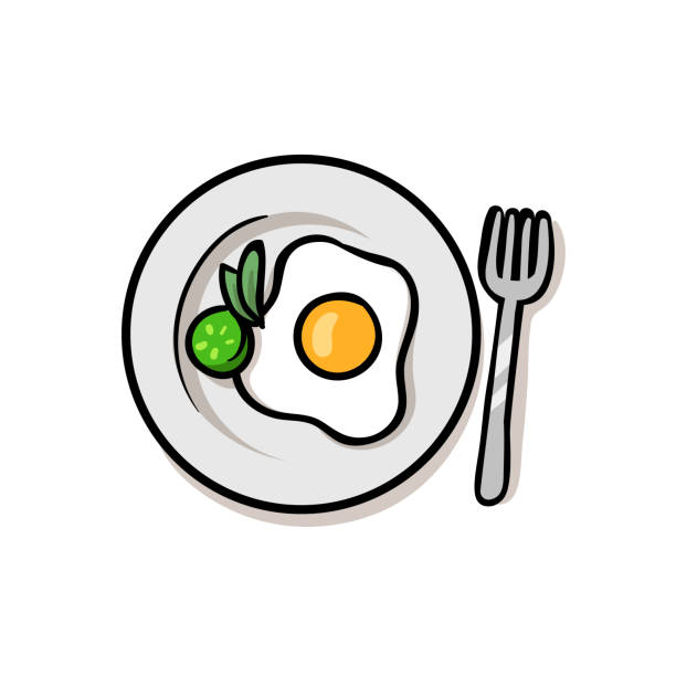 spiegelei auf einem teller. bunte flache vektor-illustration. isoliert auf weißem hintergrund. - fork plate isolated scrambled eggs stock-grafiken, -clipart, -cartoons und -symbole