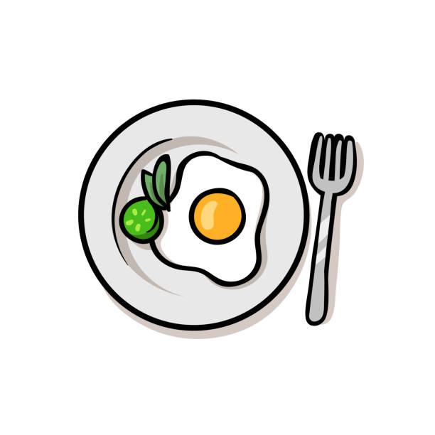 smażone jajko na talerzu. kolorowa płaska ilustracja wektorowa. odizolowane na białym tle. - fork plate isolated scrambled eggs stock illustrations