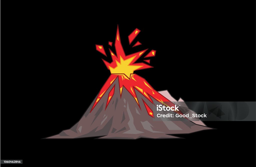 Volcano Mountain Exploding Flat Vector Illustration Isolated On Black ...