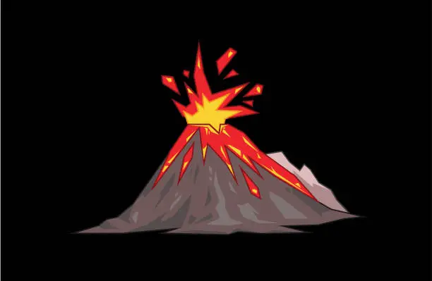 Vector illustration of Volcano mountain exploding. Flat vector illustration. Isolated on black background.