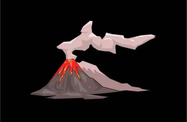 Vector illustration of Volcano mountain exploding. Flat vector illustration. Isolated on black background.
