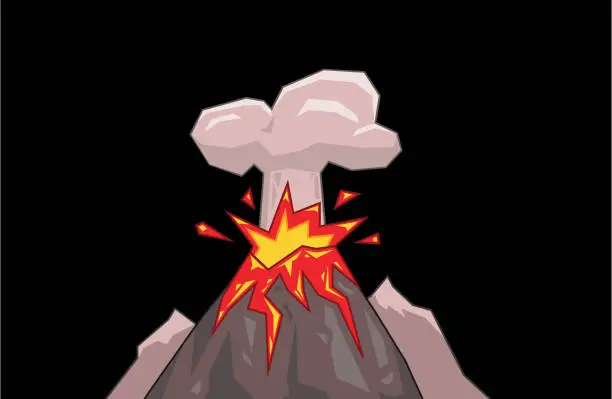 Vector illustration of Volcano mountain exploding with cloud of smoke. Flat vector illustration. Isolated on black background.