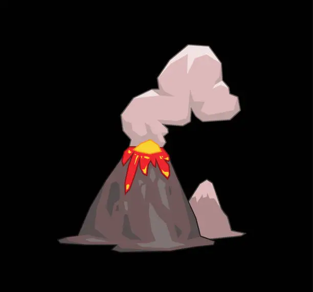 Vector illustration of Volcano mountain exploding. Flat vector illustration. Isolated on black background.