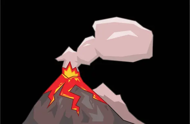 Vector illustration of Volcano mountain exploding with cloud of smoke. Flat vector illustration. Isolated on black background.