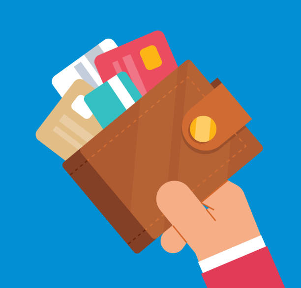 ilustraciones, imágenes clip art, dibujos animados e iconos de stock de hombre de negocios con cartera llena de tarjetas de crédito - credit cards