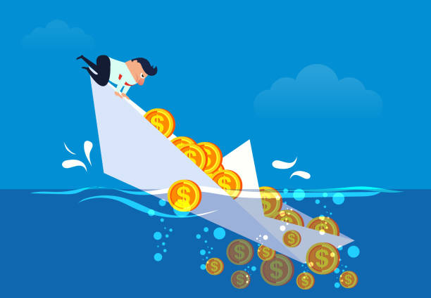Businessman's boat and gold coins sinking Businessman's boat and gold coins sinking sinking boat stock illustrations