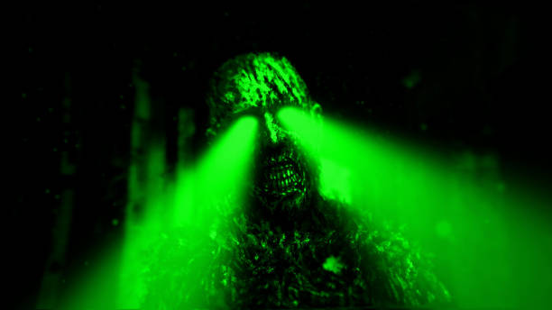 istock Dark zombie with green rays from the eyes in dungeon. Green color. 1060471094