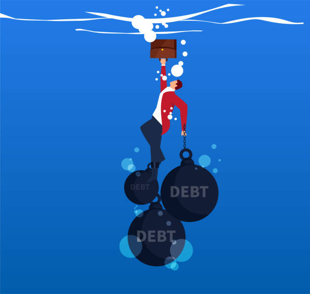 ilustrações de stock, clip art, desenhos animados e ícones de businessman hands and feet tied with iron balls falling into the water - debt finance despair water