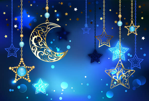goldenen halbmond auf blauem hintergrund - moon night star star shape stock-grafiken, -clipart, -cartoons und -symbole