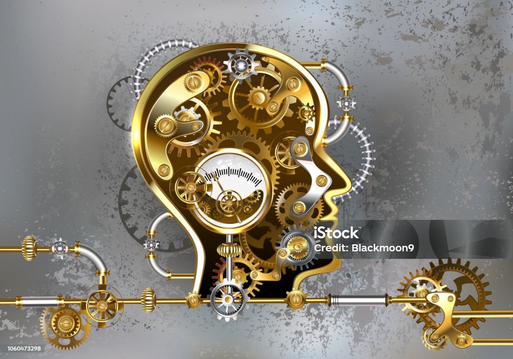 Steampunk head with manometer Conceptual, mechanical, human head with antique manometer and metal gears against gray industrial background. Steampunk style. Gear - Mechanism stock vector