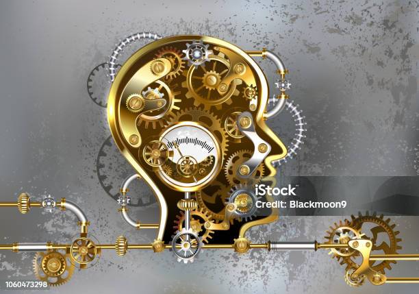 Steampunk Head With Manometer Stock Illustration - Download Image Now - Gear - Mechanism, Gold - Metal, Head