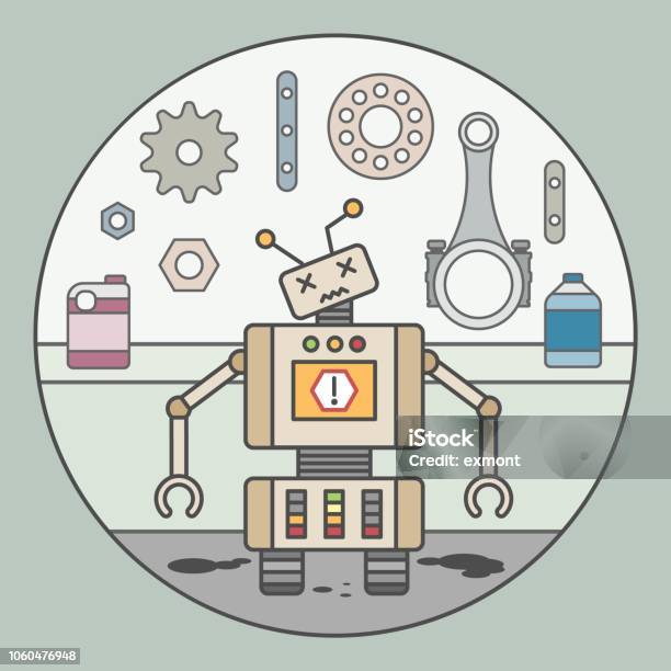 Vector Picture Of Broken Robot With Error Sign Stock Illustration - Download Image Now - Art, Art Product, Artificial