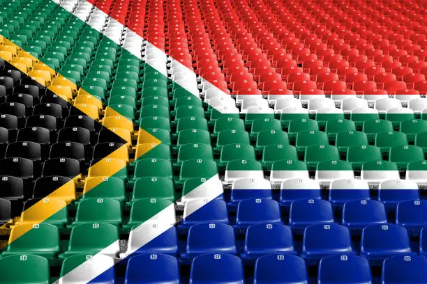 Photo of South Africa flag stadium seats. Sports competition concept.
