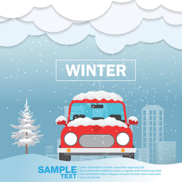 bildbanksillustrationer, clip art samt tecknat material och ikoner med bil främre syn på snö vintersäsongen vektorillustration - vinter väg bil