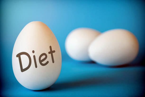 istock White eggs of hens, word diet written isolated on a blue background 1060478676