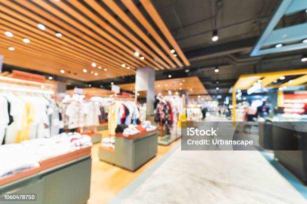 Blurred Defocused Background Of Clothing Shops In Modern Shopping Mall Or Department Store Shopaholic Lifestyle Or Fashion Dress Outlet Business Concept Stock Photo - Download Image Now