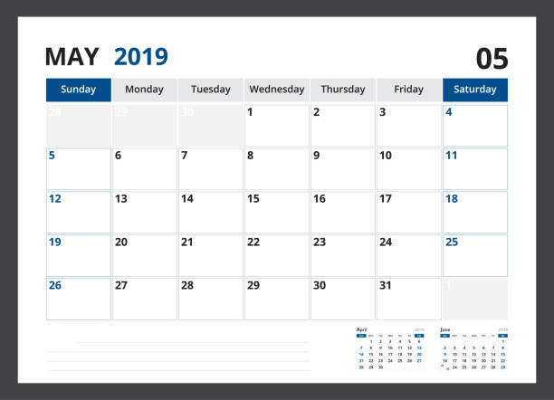 istock 2019 calendar planner corporate template design May week start on Sunday. 1060494458