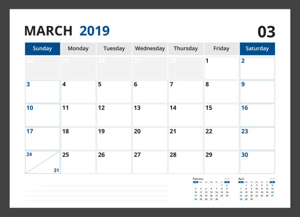 istock 2019 calendar planner corporate template design March week start on Sunday. 1060494460