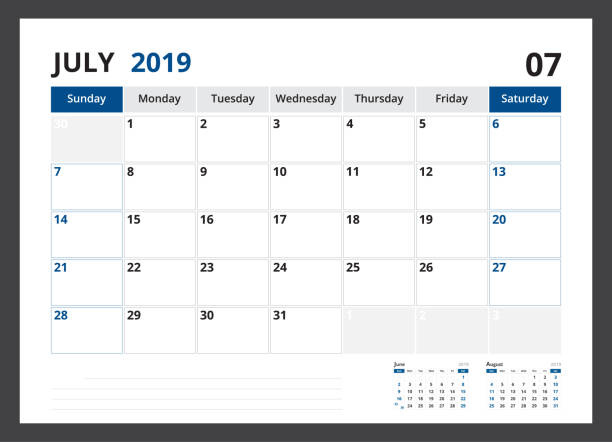 istock 2019 calendar planner corporate template design July week start on Sunday. 1060495510