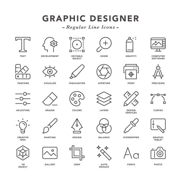 графический дизайнер - регулярные иконки линии - writing equipment stock illustrations