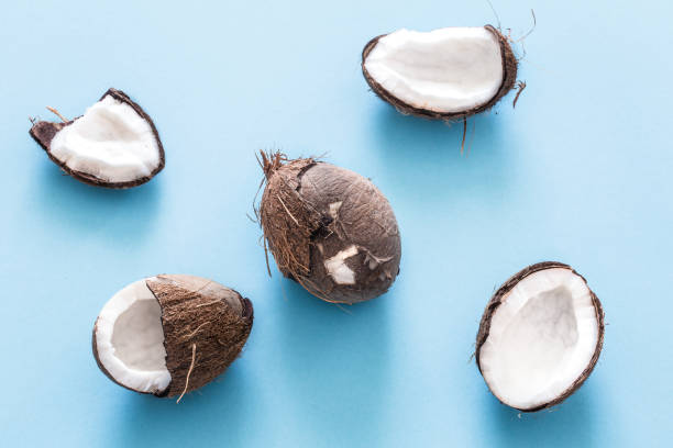 istock Fresh coconut halves on a blue background, 1060498594