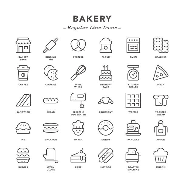 illustrations, cliparts, dessins animés et icônes de boulangerie - icônes de ligne régulière - pastry bakery biscuit cookie