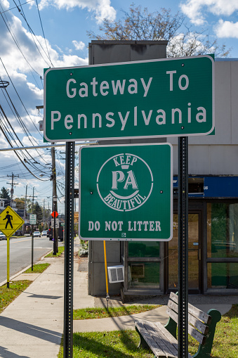 Matamoras, PA, USA - October 17, 2018:  A Gateway to Pennsylvania sign near the Mid-Delaware Bridge that crosses the Delaware River between New York and Pennsylvania.