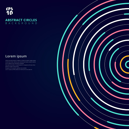 Abstract template colorful lines bright circles pattern on dark background. You can use for cover brochure, banner, website, poster, leaflet. annual report, print, book. Vector illustration