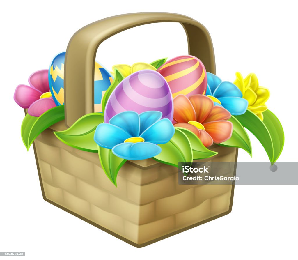 Easter Egg Hunt Basket Hamper An illustration of an Easter egg hunt basket hamper with flowers Easter Basket stock vector