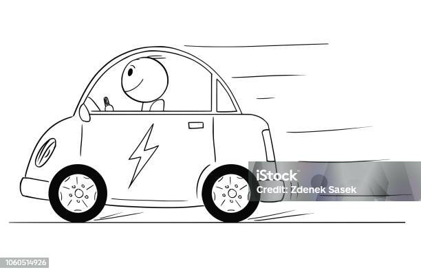 Cartoon stick drawing conceptual illustration of man running fast down the  hill from his own car moving uncontrolled without driver. Car was left  without use of the hand brake. Stock Vector