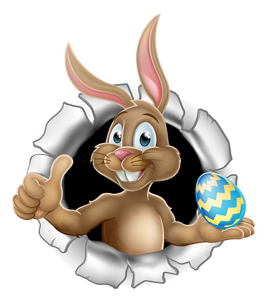 Easter bunny rabbit breaking through background holding a chocolate egg and giving a thumbs up cartoon