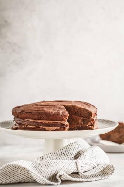 istock Vegan chocolate cake on a white dish for cake, copy space, light background. 1060516606