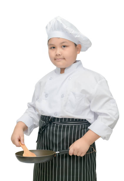 istock Fat boy chef hold flipper and pan isolated 1060519680