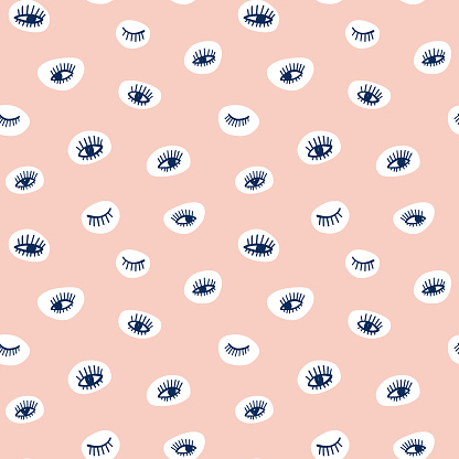 Hand drawn eye doodles icon seamless pattern in retro pop up style. Vector beauty illustration of open and close eyes for cards, textiles, wallpapers, backgrounds.