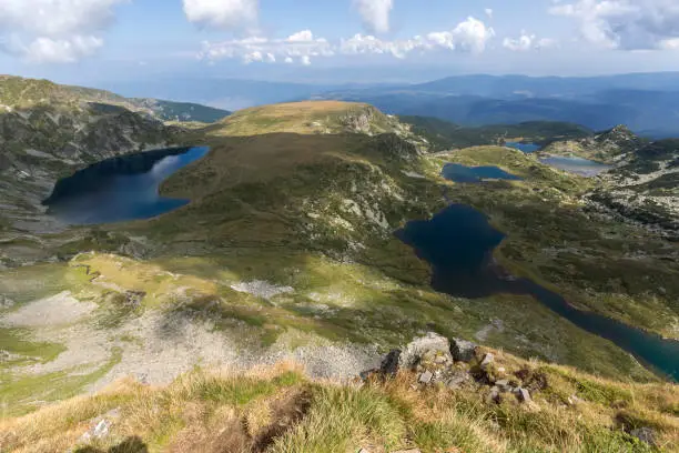 Amazing summer view of The Kidney, The Twin, The Trefoil, The Fish and The Lower lakes, Rila Mountain, The Seven Rila Lakes, Bulgaria