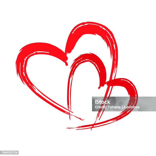 Two Red Hearts Hand Drawn Vector Brush Calligraphy Stock Illustration - Download Image Now