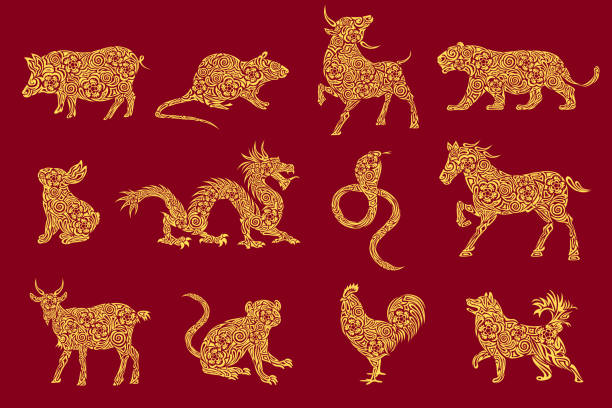ilustraciones, imágenes clip art, dibujos animados e iconos de stock de conjunto de todos animales de la zodiaco 12 para el año nuevo chino diseño, ilustraciones de vectores en papel cortado estilo. - year of snake