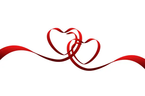 Vector illustration of Red ribbons in shape of two hearts, vector illustration.