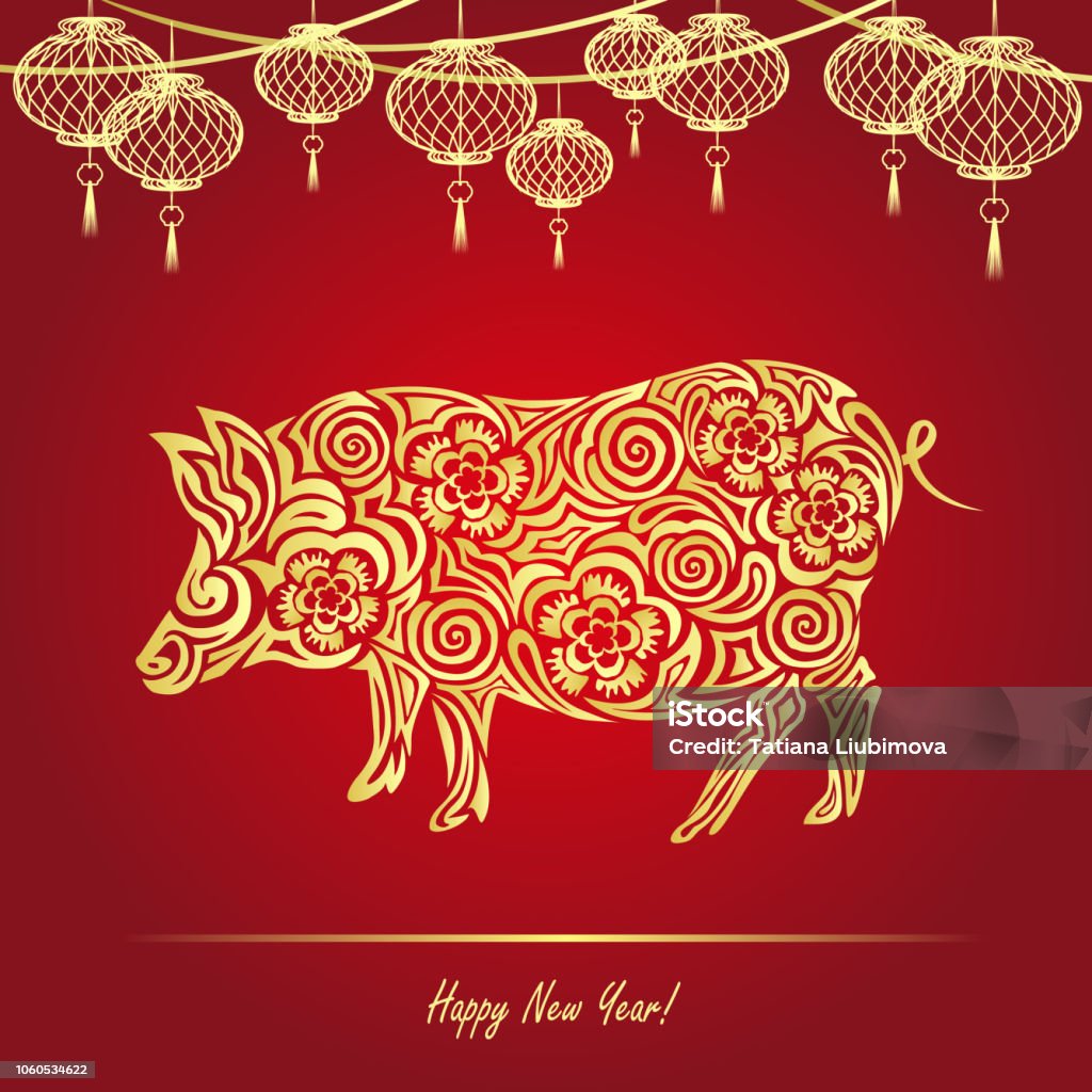 2019 nouvel an chinois (année du cochon), vecteur illustration en papier découpé style. - clipart vectoriel de Lanterne chinoise libre de droits