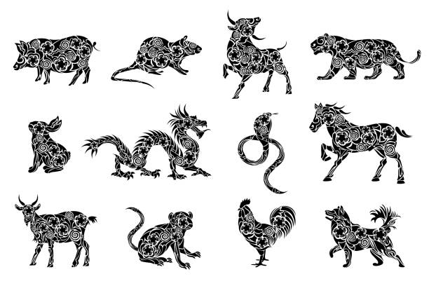 ilustrações de stock, clip art, desenhos animados e ícones de set of all 12 zodiac animals for chinese new year celebration design. vector illustrations in paper cut style. - undomesticated cat white background pattern isolated