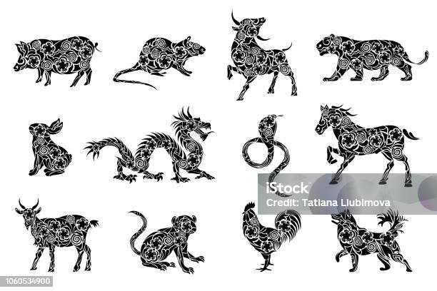 Set Of All 12 Zodiac Animals For Chinese New Year Celebration Design Vector Illustrations In Paper Cut Style Stock Illustration - Download Image Now