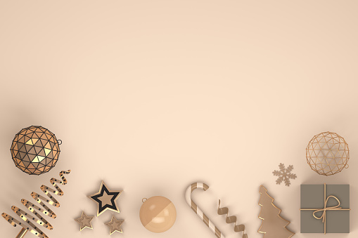 Minimal cream background, soft and gold colors,  3d rendering Christmas and new year ornaments. Christmas Tree.