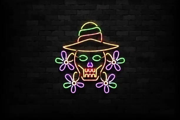 Vector illustration of Vector realistic isolated neon sign of Dia de Muertos skull symbol for decoration and covering on the wall background. Concept of Happy Day of the Dead in Mexico.