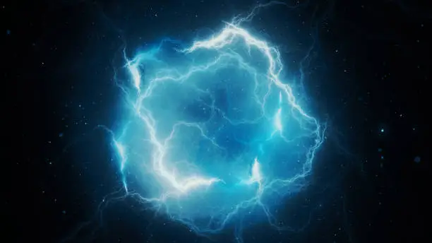 Photo of Blue glowing high energy lightning, computer generated abstract background,