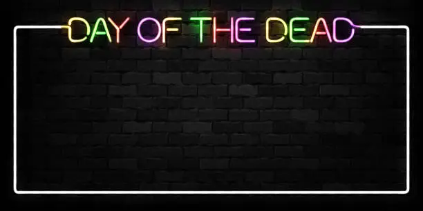 Vector illustration of Vector realistic isolated neon sign of Dia de Muertos frame symbol for decoration and covering on the wall background. Concept of Happy Day of the Dead in Mexico.