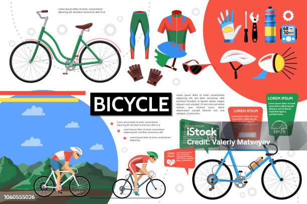 Modèle De Vélo Plat Infographique Vecteurs libres de droits et plus d'images vectorielles de Faire du vélo - Faire du vélo, Vélo, Équipement