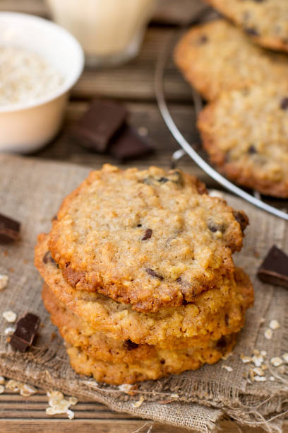 istock Oatmeal cookies with chocolate served with milk 1060555038